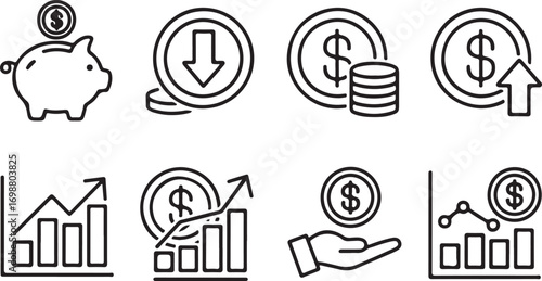 Black and white line art icons depicting financial concepts including piggy bank and graphs money finance