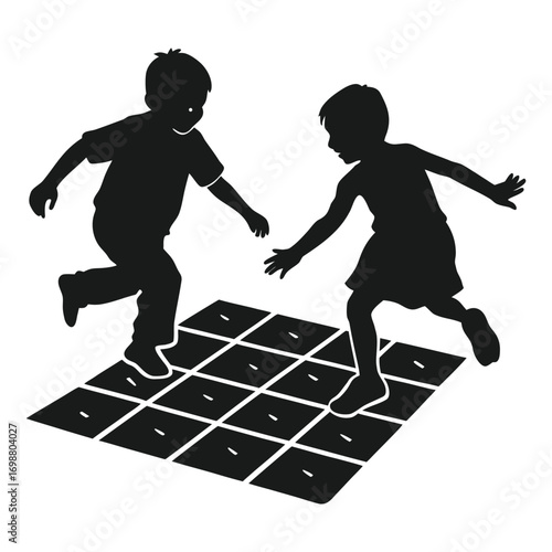 Vector art of two children in silhouette play hopscotch on a grid