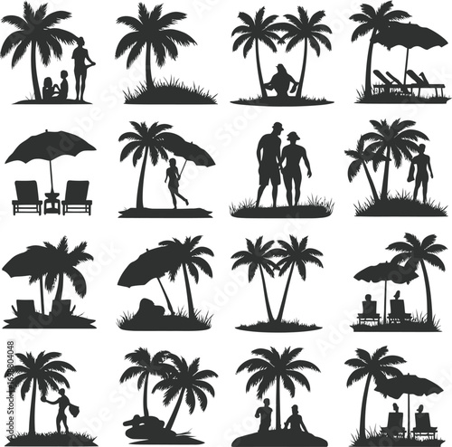 Vector art of silhouettes of people relaxing on a tropical beach with palm trees, sun umbrellas, and deck chairs summer vacation concept