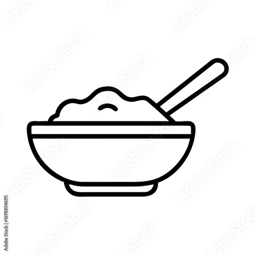 Minimalist icon of bowl with porridge and spoon in black and white