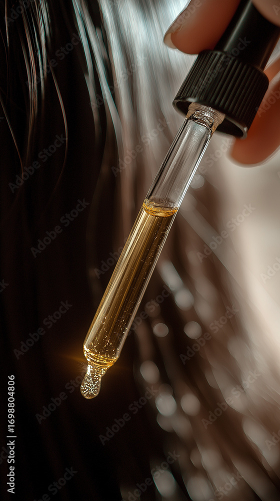Naklejka premium Golden batana oil applied to hair in soft light, ideal for organic wellness and cosmetic visuals.