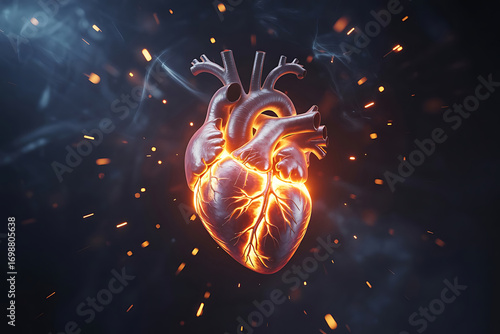 Fiery anatomical heart symbolizing passion love life force abstract cosmic energy