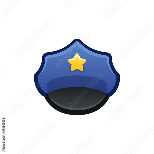 Isolated flat 3d police cap icon for game, interface, sticker, app. The sign in a cartoon style for match 3, arcade, rpg. The hat sprite for craft element in hyper casual mobile game.