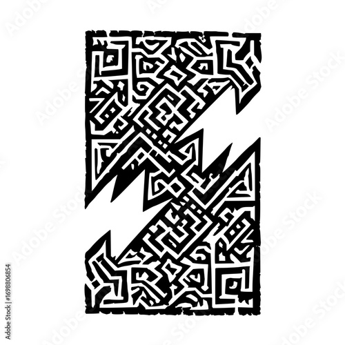 Abstract black and white design featuring a jagged split with maze like patterns on both sides of the divide