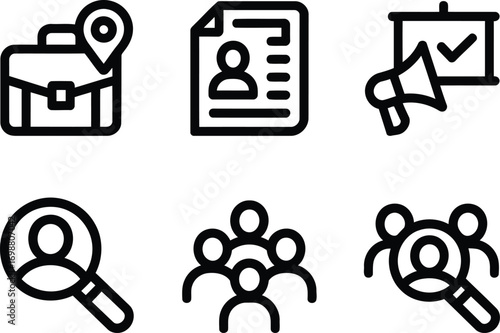 Visual Representation of Recruitment and Job Search Icons Outlining Key Elements Such as Resumes, Location, Promotion, Team and Individual Selection