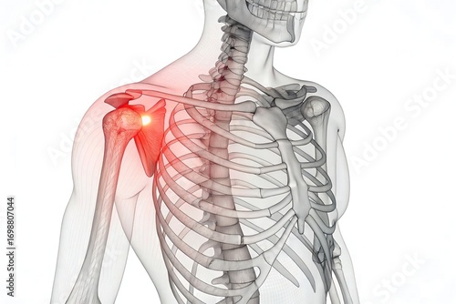 Wireframe 3D Shoulder Joint with Red Pain Highlight