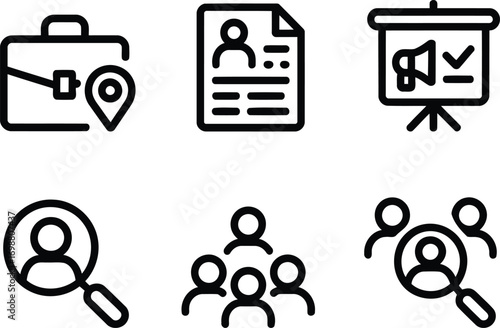 Diverse Human Resources Pictograms Representing Recruitment, Employment, Teamwork, and Business Presentations for Corporate Growth and Career Success Illustration