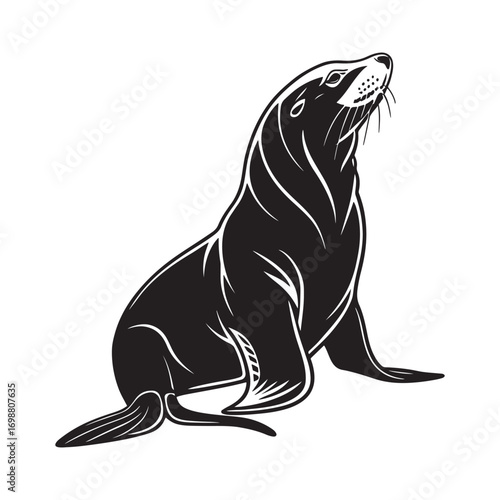 A sea lion sitting upright in a distinctive silhouette