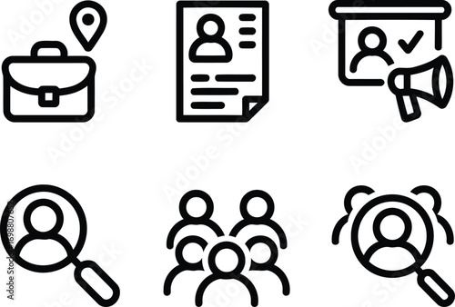 Job Search and Recruitment Icons Representing Hiring, Career Opportunities, and Human Resources Management Activities with Bold Visuals and a Contemporary Style