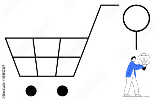 Large shopping cart frame with magnifying glass above. Person in blue holds glowing lightbulb symbolizing innovation and search for ideas. Ideal for commerce, innovation, solution, discovery