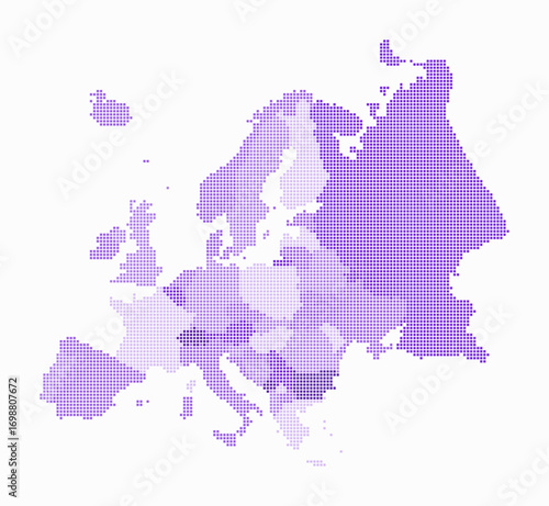 Europe dotted map. Digital style map of the continent on white background. Europe shape with square dots. Colored dots style. Small size squares. Awesome vector illustration.
