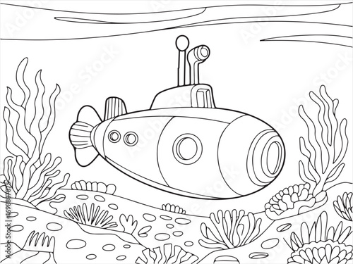 Cartoon submarine illustration exploring underwater ocean scene with coral reef, seaweed, bubbles, and marine life in black and white line art style perfect for coloring books, kids designs, and nauti