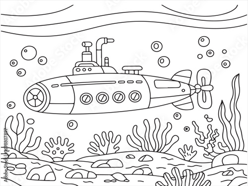 Nautical submarine design in black and white outline style