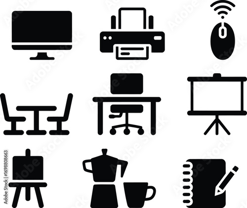 Office Essentials and Workspaces A Collection of Stylized Icons Depicting Common Office Items and Furniture in Simple Black and White Designs