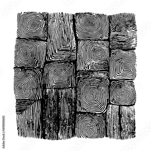 An abstract arrangement of square blocks with swirling and linear patterns in black and white tones