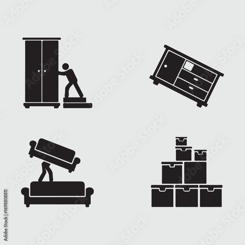 Silhouette icons of furniture moving and packing boxes wardrobe