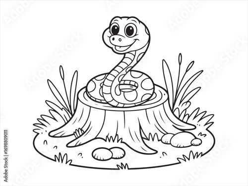 Cartoon snake on tree stump black and white line drawing for coloring book