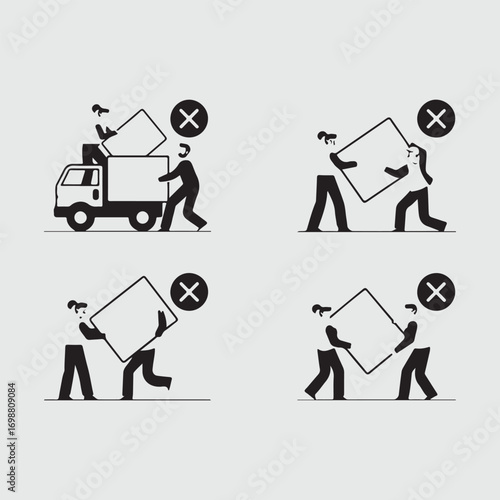 Black and white icons showing incorrect ways to lift and move a box with a truck and people symbol warning