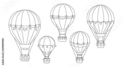 a variety of hot air balloons in black and white illustration