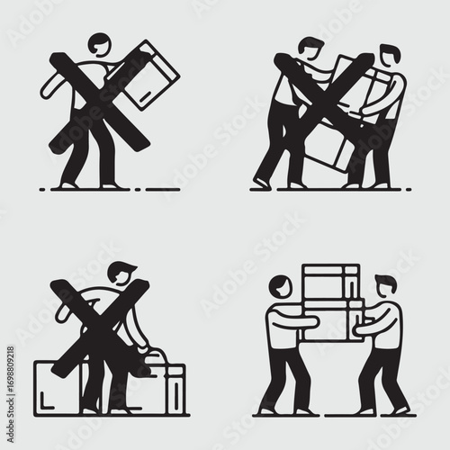 Four graphic icons showing safe and unsafe ways to lift and carry boxes and luggage illustration symbol