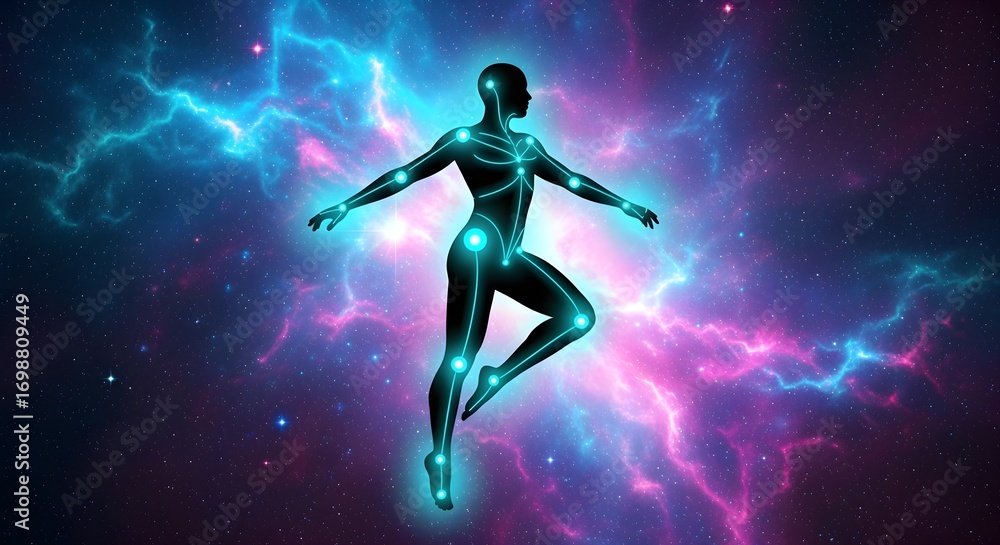 Obraz premium Digital art: glowing human body silhouette with highlighted joints.