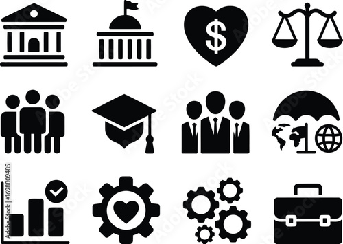 A Collection of Business and Social Icons Depicting Financial Legal Education Teamwork Progress Global Protection and Positive Impact for Organizational Growth