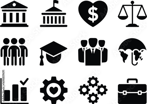 Collection of Business and Finance Related Icons Symbolizing Various Aspects of Financial Management Corporate Success Education Protection and Investment Strategies