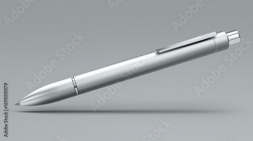 Silver metal pen lies on a soft gray surface under even lighting for product photography.