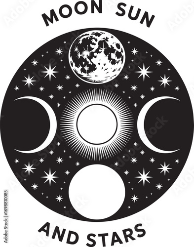 Detailed Moon Sun and Stars Circle Design with Phases and Radiating Rays Vector Art