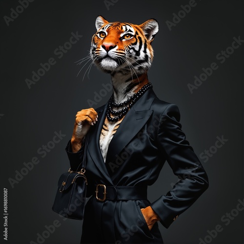 Graceful Tigress dressed in luxurious black stylish suit with handbag and necklace. Black Friday sale concept. Fashion portrait of anthropomorphic creative animal in elegant pose wearing clothes