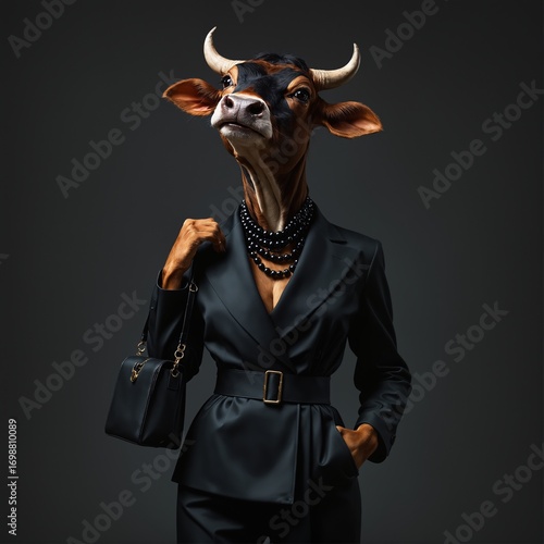 Graceful Cow dressed in luxurious black stylish suit with handbag and necklace. Black Friday sale concept. Fashion portrait of anthropomorphic creative animal in elegant pose wearing clothes