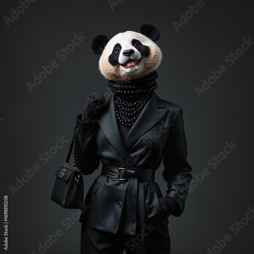 Graceful Panda dressed in luxurious black stylish suit with handbag and necklace. Black Friday sale concept. Fashion portrait of anthropomorphic creative animal in elegant pose wearing clothes