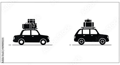cars with luggage stacked on roof racks ready for travel