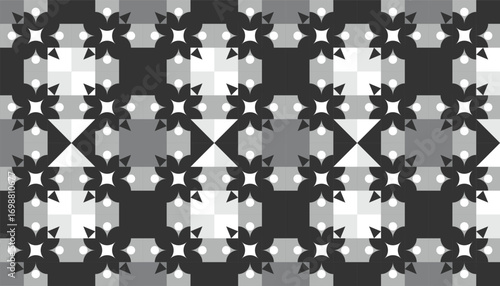 Seamless monochrome geometric pinwheel and floral pattern in black, white, and gray tones