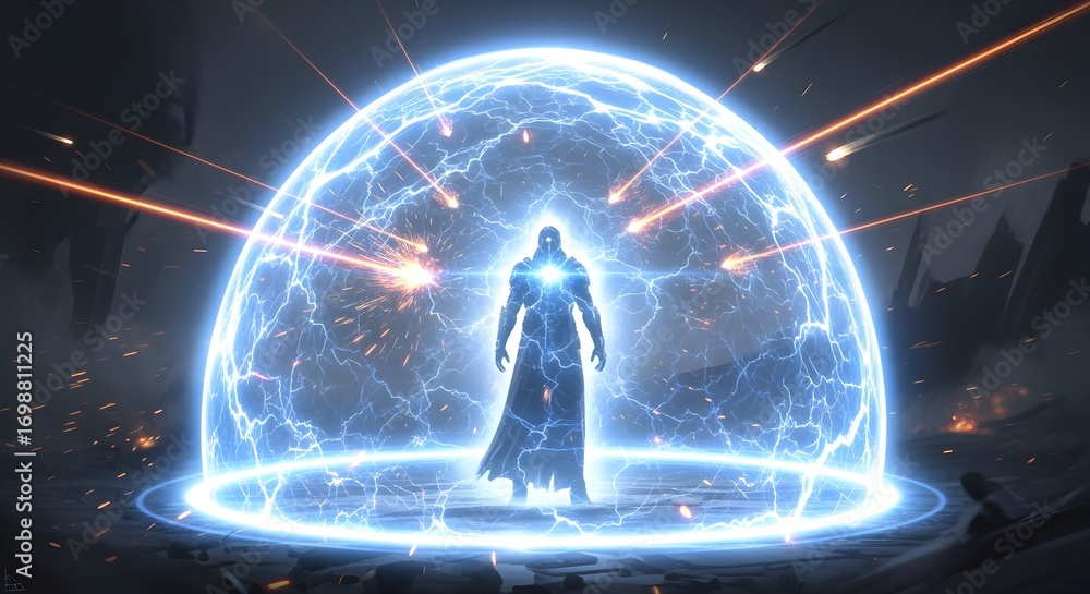 Obraz premium Digital concept: glowing shield protecting figure inside from harm.
