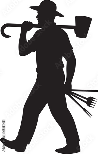 Silhouette of a Farmer Carrying Tools on His Shoulder, Agriculture and Rural Life
