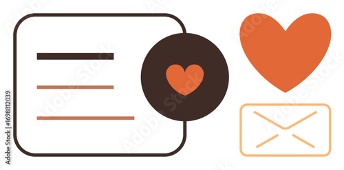 Heart icon, envelope symbol, and text lines combine to highlight love, messaging, and connection. Ideal for communication, relationships, appreciation, email romance social media simple flat