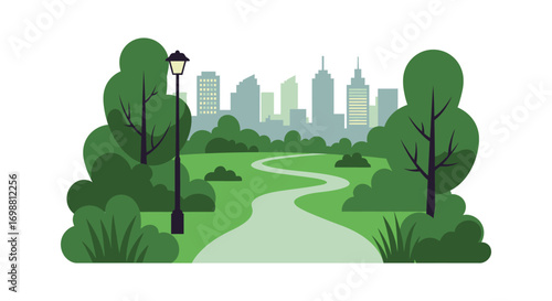 a serene park path winding through lush greenery towards city skyline