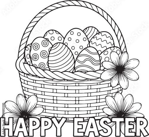 Black and white line art illustration of Easter basket with decorated eggs and flowers vector