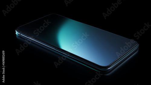 Black tech presents smooth glass. Gradient reflects light on surface for digital design, technology presentations, and product photography.