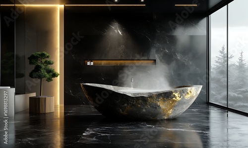 Luxurious and Modern Bathroom Design with a Stone Bathtub and Winter Scenery