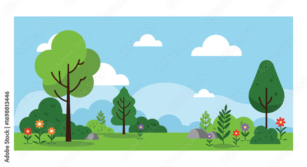 Fototapeta premium a serene landscape with trees flowers and fluffy clouds