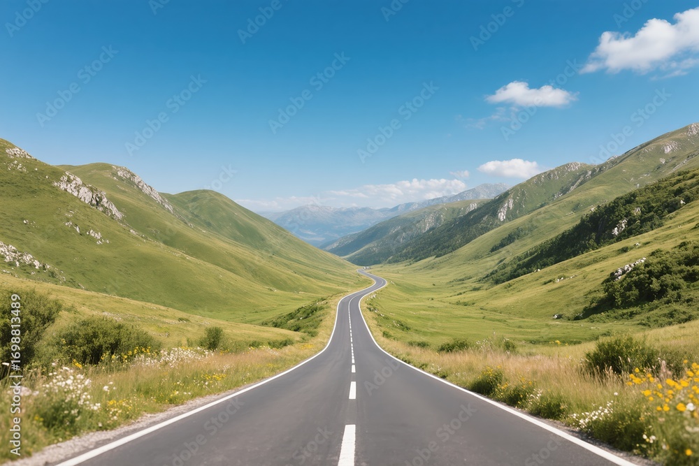 Fototapeta premium A wonderfully picturesque road winds its way through the lush, verdant mountains beneath a clear blue sky