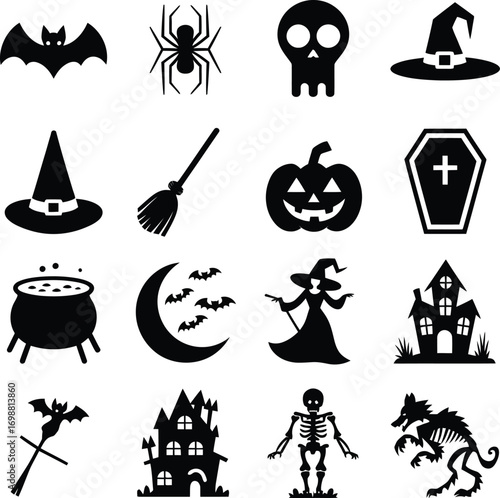 Vector art of collection of halloween silhouettes, featuring bats, spiders, skulls, witch hats, brooms, pumpkins, coffins, cauldrons, moons, witches, haunted houses, skeletons, and werewolves