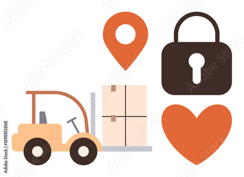 Forklift lifting a pallet, location pin, lock and heart icons representing delivery, safety, love for logistics. Ideal for delivery, warehousing, safety, navigation security transport shipping