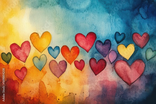 Watercolor illustration of colorful hearts on a vibrant background with copy space for text