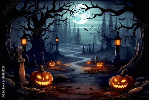 Spooky Halloween night scene with glowing jack-o'-lanterns and eerie moonlit pathway