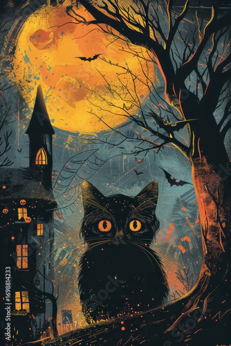 Black cat with glowing eyes in front of haunted house under a full moon for Halloween greeting card