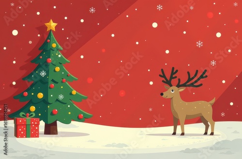 Festive illustration of a Christmas tree and reindeer with colorful decorations and snowy background