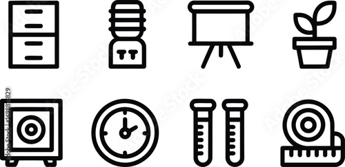 Workplace Essentials in Bold Outline Illustration Office and Lab Supplies for Presentations and Designs Representing Productivity and Organization